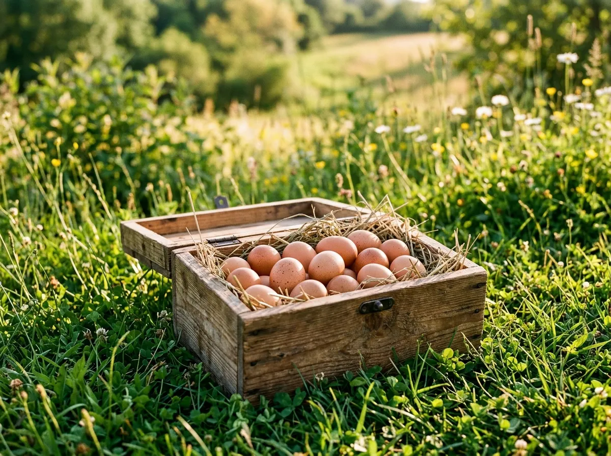 Canasta de mimbre con huevos frescos de cáscara marrón al sol, con vegetación verde de fondo