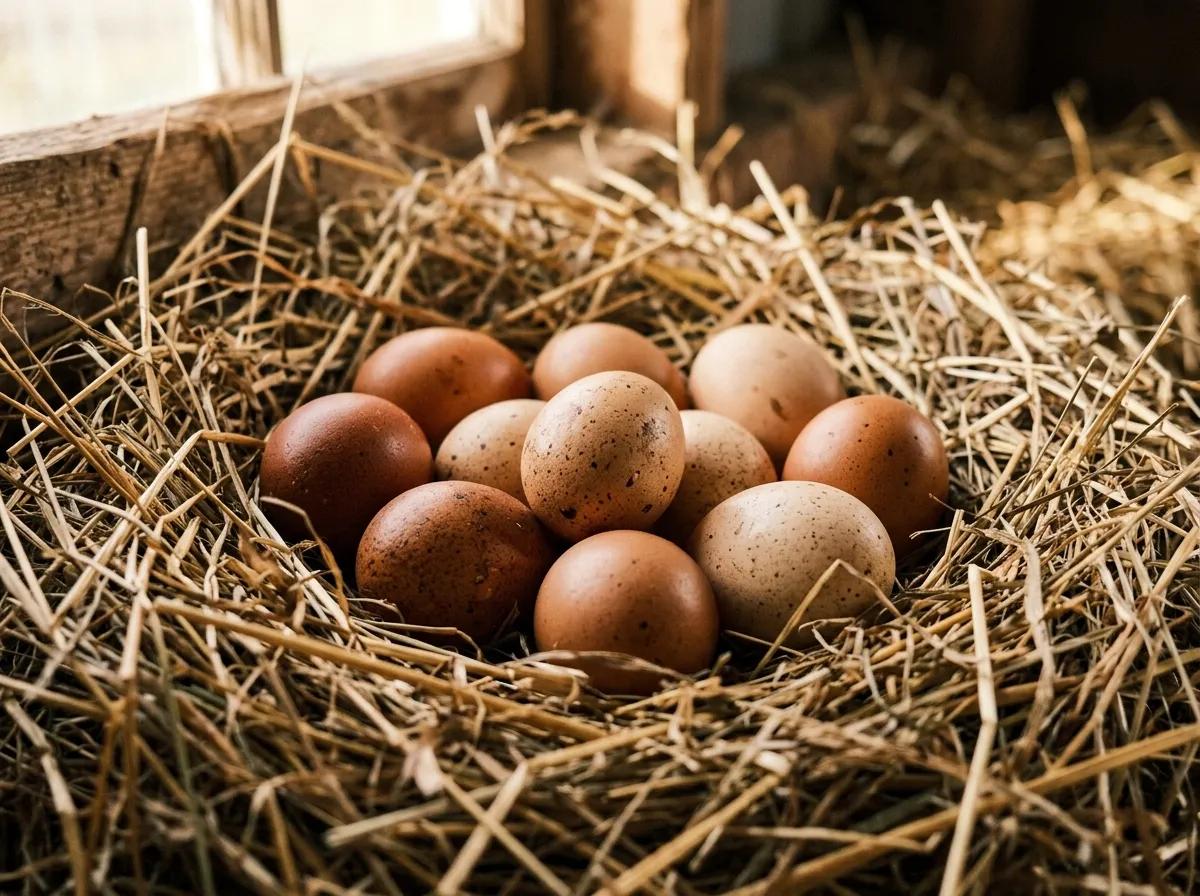 Huevos de cáscara marrón recién puestos sobre un nido de paja, con luz natural cálida