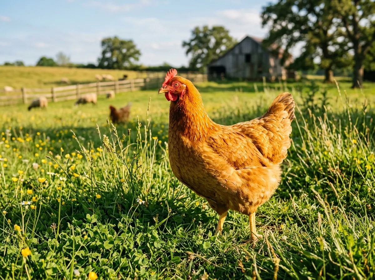 Gallina campera de plumaje dorado sobre el pasto verde, al aire libre bajo luz natural