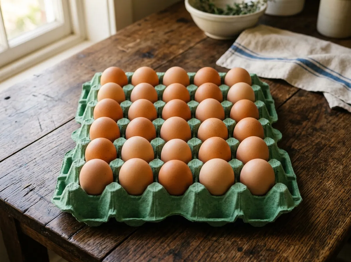 Cartón de 30 huevos orgánicos de cáscara marrón acomodados en filas, con luz natural cálida